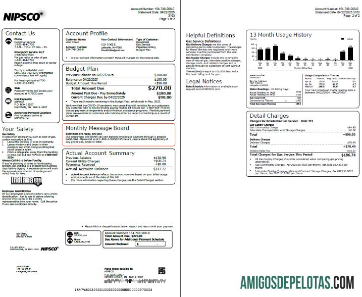 realista Modelo de conta de serviços públicos NIPSCO dos EUA em formatos Word e PDF, 2 páginas